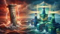 A dramatic digital illustration contrasting two maritime scenes. On the left, a cracked, ancient stone pillar inscribed with 'SAFE' and a shield stands amidst turbulent, red-tinted waves under a stormy sky with lightning. On the right, three modern, futuristic lighthouses, colored in blue and green, stand connected by glowing digital lines on calm, blue waters. A large, transparent shield graphic encompasses the central lighthouse, which is labeled 'USFR' and 'JAAA', and another lighthouse is labeled 'VTIP'. The lighthouses emit bright light, with digital data streams extending from them. The bottom right corner features the '24/7 WALL ST' logo.