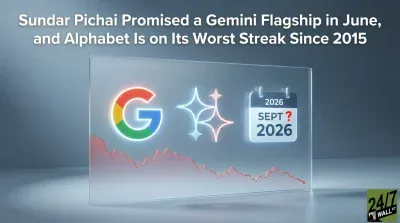 A 3D rendered scene on a transparent glass panel features a glowing Google 'G' logo, two glowing starburst shapes symbolizing Gemini, and a calendar icon. The calendar shows '2026' at the top, 'SEPT ?' in the middle, and '2026' at the bottom. Behind these elements, a red line graph indicates a downward financial trend. The headline 'Sundar Pichai Promised a Gemini Flagship in June, and Alphabet Is on Its Worst Streak Since 2015' is displayed at the top. The '24/7 WALL ST' logo is visible in the bottom right corner.