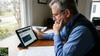 A middle-aged man with gray hair and glasses, wearing a blue shirt and dark sweater vest, sits at a wooden desk by a window. He is intently looking at a black tablet held in his left hand, with his right hand resting on his chin in a thoughtful pose. The tablet screen displays a news article titled 'TECH ETFS ATTRACT MORE MONEY' with a prominent green line graph showing an upward trend. Papers and a striped mug are also on the desk. The window in the background shows an out-of-focus view of a residential street.