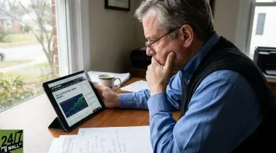 A middle-aged man with gray hair and glasses, wearing a blue shirt and dark sweater vest, sits at a wooden desk by a window. He is intently looking at a black tablet held in his left hand, with his right hand resting on his chin in a thoughtful pose. The tablet screen displays a news article titled 'TECH ETFS ATTRACT MORE MONEY' with a prominent green line graph showing an upward trend. Papers and a striped mug are also on the desk. The window in the background shows an out-of-focus view of a residential street.