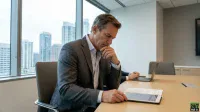 A man in a gray suit and light blue shirt sits at a light wooden conference table, looking down thoughtfully with his hand on his chin. He is holding a white tablet with papers on it. In the background, a large window reveals a city skyline with tall buildings under a bright sky. Another person's hands and a laptop are partially visible to the right. The overall setting is a modern office meeting room.
