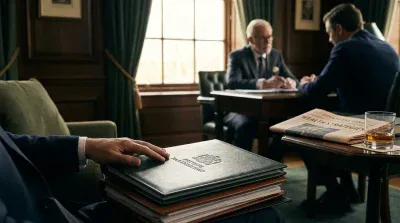 A close-up view shows a person's hand, wearing a dark suit and white shirt cuff, resting on a stack of documents. The top document is a dark green binder with 'PRIVATE PARTNERSHIP' and a crest embossed in gold. In the blurred background, two men in suits are seated at a wooden table, engaged in a discussion. On a small side table, a folded 'FINANCIAL TIMES' newspaper with 'WEALTH STRATEGIES' visible and a glass of amber liquid are present. The room features dark wood paneling and green curtains.