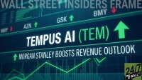 A digital stock market display with a dark blue background. The main focus is 'TEMPUS AI (TEM)' in large white text, accompanied by a prominent bright green upward arrow. Below it, in smaller white text, reads 'MORGAN STANLEY BOOSTS REVENUE OUTLOOK'. Other stock tickers like NMY, AZN, GSK, and BMY are visible with red downward or green upward arrows. A green line graph and vertical green bars in the background represent rising stock performance. The top of the image shows 'WALL STREET INSIDERS FRAME' and a '24/7 WALL ST' logo is in the bottom right corner.