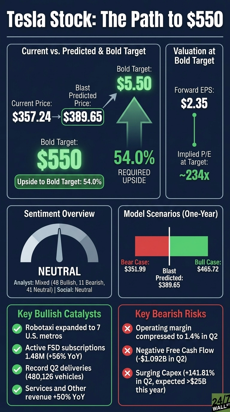 An infographic titled 'Tesla Stock: The Path to $550' on a dark blue background. The top left panel, 'Current vs. Predicted & Bold Target,' shows 'Current Price: $357.24' leading to 'Blast Predicted Price: $389.65'. Above these, 'Bold Target: $5.50' with a small upward arrow. Below these, a large 'Bold Target: $550' with a large green upward arrow, indicating 'Upside to Bold Target: 54.0%' and 'REQUIRED UPSIDE 54.0%'. The top right panel, 'Valuation at Bold Target,' shows 'Forward EPS: $2.35' and 'Implied P/E at Target: ~234x'. The middle left panel, 'Sentiment Overview,' features a gauge showing 'NEUTRAL,' with 'Analyst: Mixed (48 Bullish, 11 Bearish, 41 Neutral)' and 'Social: Neutral.' The middle right panel, 'Model Scenarios (One-Year),' presents a bar divided into red and green sections, with 'Bear Case: $351.99,' 'Blast Predicted: $389.65,' and 'Bull Case: $465.72.' The bottom left panel, 'Key Bullish Catalysts,' lists four points with green checkmarks: 'Robotaxi expanded to 7 U.S. metros,' 'Active FSD subscriptions 1.48M (+56% YoY),' 'Record Q2 deliveries (480,126 vehicles),' and 'Services and Other revenue +50% YoY.' The bottom right panel, 'Key Bearish Risks,' lists three points with red X marks: 'Operating margin compressed to 1.4% in Q2,' 'Negative Free Cash Flow (-$1.092B in Q2),' and 'Surging Capex (+141.81% in Q2, expected >$25B this year).' The bottom right corner has a '24/7 WALL ST' logo.