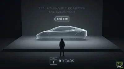A monochromatic graphic depicts a sleek, translucent outline of the Tesla Roadster on a raised platform in a dark, minimalist setting. A lone human silhouette stands before it. Above the car, text reads "TESLA'S UNBUILT ROADSTER THE $250K WAIT" and a glowing price tag shows "$250,000". Below, a calendar icon indicates "OCT 1" next to "9 YEARS". The 24/7 Wall St. logo is in the bottom right corner.