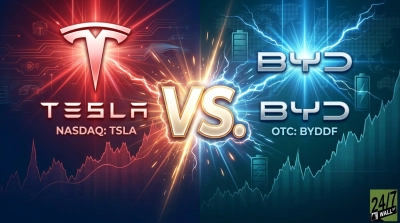 A graphic depicting a 'VS.' battle between Tesla and BYD. The left side features the Tesla logo, 'TESLA', and 'NASDAQ: TSLA' against a red circuit board background with electric sparks. The right side shows two BYD logos and 'OTC: BYDDF' against a blue global map background with electric sparks and battery icons. Both sides have stock charts at the bottom. A '24/7 WALL ST' logo is in the bottom right.