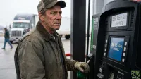 A man in a baseball cap, olive green work jacket, and light-colored gloves holds a green diesel pump nozzle. He is looking towards the pump screen, which clearly displays '$6.15 / GAL DIESEL' in white text on a black background. In the blurred background, a large black and white semi-truck is visible, along with another person walking. The scene takes place outdoors at what appears to be a truck stop on an overcast day.