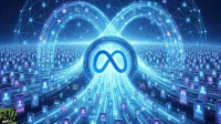 A futuristic digital landscape featuring a prominent, glowing blue Meta infinity logo at its center. Luminous blue data streams arc outwards and inwards, connecting to hundreds of floating mobile phone screens, each displaying a generic user profile icon. Abstract network lines and various app icons are integrated into the vibrant blue light trails, all set against a dark blue background. The overall impression is one of extensive digital connectivity and data flow.