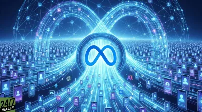 A futuristic digital landscape featuring a prominent, glowing blue Meta infinity logo at its center. Luminous blue data streams arc outwards and inwards, connecting to hundreds of floating mobile phone screens, each displaying a generic user profile icon. Abstract network lines and various app icons are integrated into the vibrant blue light trails, all set against a dark blue background. The overall impression is one of extensive digital connectivity and data flow.