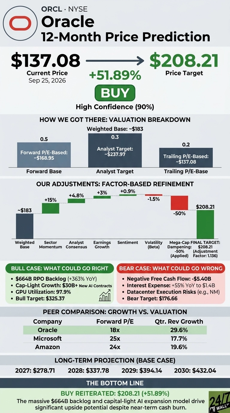 Infographic titled 'Oracle 12-Month Price Prediction' for ORCL on NYSE. It shows a current price of $137.08 as of Sep 25, 2026, with an arrow pointing to a price target of $208.21, indicating a +51.89% increase and a 'BUY' recommendation with High Confidence (90%). A 'Valuation Breakdown' section shows three bars: Forward P/E-Based (~$168.95) with 0.5 weight, Analyst Target (~$237.97) with 0.3 weight, and Trailing P/E-Based (~$137.08) with 0.2 weight, leading to a Weighted Base of ~$183. An 'Adjustments: Factor-Based Refinement' waterfall chart starts from the Weighted Base, adding +15% for Sector Momentum, +4.8% for Analyst Consensus, +3% for Earnings Growth, +0.9% for Sentiment, then subtracting -1.5% for Volatility (Beta) and -50% for Mega-Cap FINAL TARGET Dampening, ultimately reaching $208.21. Bull case points include '$664B RPO Backlog (+363% YoY)', 'Cap-Light Growth: $30B+ New AI Contracts', 'GPU Utilization: 97.9%', and a 'Bull Target: $325.37'. Bear case points include 'Negative Free Cash Flow: -$5.40B', 'Interest Expense: +55% YoY to $1.4B', 'Datacenter Execution Risks (e.g., NM)', and a 'Bear Target: $176.66'. A 'Peer Comparison: Growth vs. Valuation' table lists companies with their Forward P/E and Qtr. Rev Growth: Oracle (18x, 29.6%), Microsoft (25x, 17.7%), and Amazon (24x, 19.6%). Long-term projections (Base Case) are provided: 2027: $278.71, 2028: $337.78, 2029: $394.14, 2030: $432.04. The bottom line reiterates 'BUY REITERATED: $208.21 (+51.89%)'.