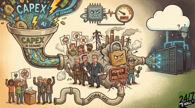 A conceptual illustration showing a massive funnel of AI investment being blocked by a padlock labeled Power and Politics, depicting the struggle between capital spending and energy infrastructure.