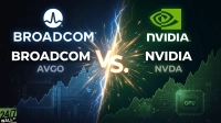 A graphic showing a blue-themed left side for Broadcom and a green-themed right side for Nvidia, separated by a bright 'Vs.' symbol with radiating light and a lightning bolt. The Broadcom side displays its logo, the word 'BROADCOM', and the ticker 'AVGO', overlaid on circuit board designs and an upward-trending financial graph. The Nvidia side features its logo, the word 'NVIDIA', and the ticker 'NVDA', against a backdrop of circuit patterns, an AI neural network, a GPU chip illustration, and another upward-trending financial graph. The overall mood is one of intense technological and market competition.