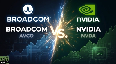 A graphic showing a blue-themed left side for Broadcom and a green-themed right side for Nvidia, separated by a bright 'Vs.' symbol with radiating light and a lightning bolt. The Broadcom side displays its logo, the word 'BROADCOM', and the ticker 'AVGO', overlaid on circuit board designs and an upward-trending financial graph. The Nvidia side features its logo, the word 'NVIDIA', and the ticker 'NVDA', against a backdrop of circuit patterns, an AI neural network, a GPU chip illustration, and another upward-trending financial graph. The overall mood is one of intense technological and market competition.