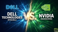 A graphic depicting 'DELL TECHNOLOGIES (NYSE:DELL)' on the left with a blue background and Dell logo, opposing 'NVIDIA (NASDAQ:NVDA)' on the right with a green background and NVIDIA logo. A bright, glowing 'VS.' symbol splits the two sides, which are filled with digital patterns, circuit boards, and financial candlestick charts, suggesting a high-tech confrontation. The 24/7 Wall St. logo is visible in the bottom right corner.