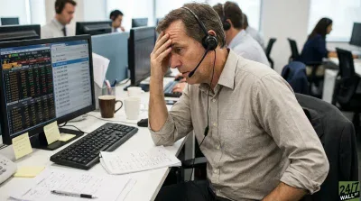A middle-aged man with short brown hair, wearing a light-colored, long-sleeved button-down shirt and a black headset, sits at a desk in an open-plan office. He rests his right hand on his forehead, looking downwards with a distressed expression. In front of him are two computer monitors displaying data grids and text, a black keyboard, papers, and coffee mugs. Other workers are blurred in the background, also at desks with computers, in a bright office setting.