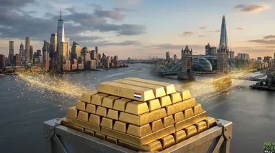A large pyramid of golden bullion bars is stacked within a metal crate in the foreground. One of the top gold bars features the Dutch flag and the letters 'drb'. In the background, separated by a river, the New York City skyline with One World Trade Center is visible on the left, and the London skyline, including Tower Bridge and The Shard, is on the right. Golden sparks radiate from the left side, moving across the river towards the right. The sky above is a clear, warm gradient of blues and oranges, suggesting either a sunrise or sunset.