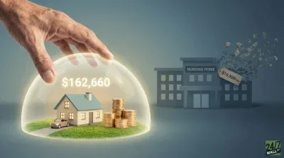 An elderly hand protects a transparent, glowing dome containing a small house, a car, and stacks of gold coins on grass, with the amount '$162,660' displayed above. To the right, a gray building labeled 'NURSING HOME' shows a price tag with '$10,800/mo' and dollar bills flying away, depicting financial loss. The background is a gradient of blue and gray.