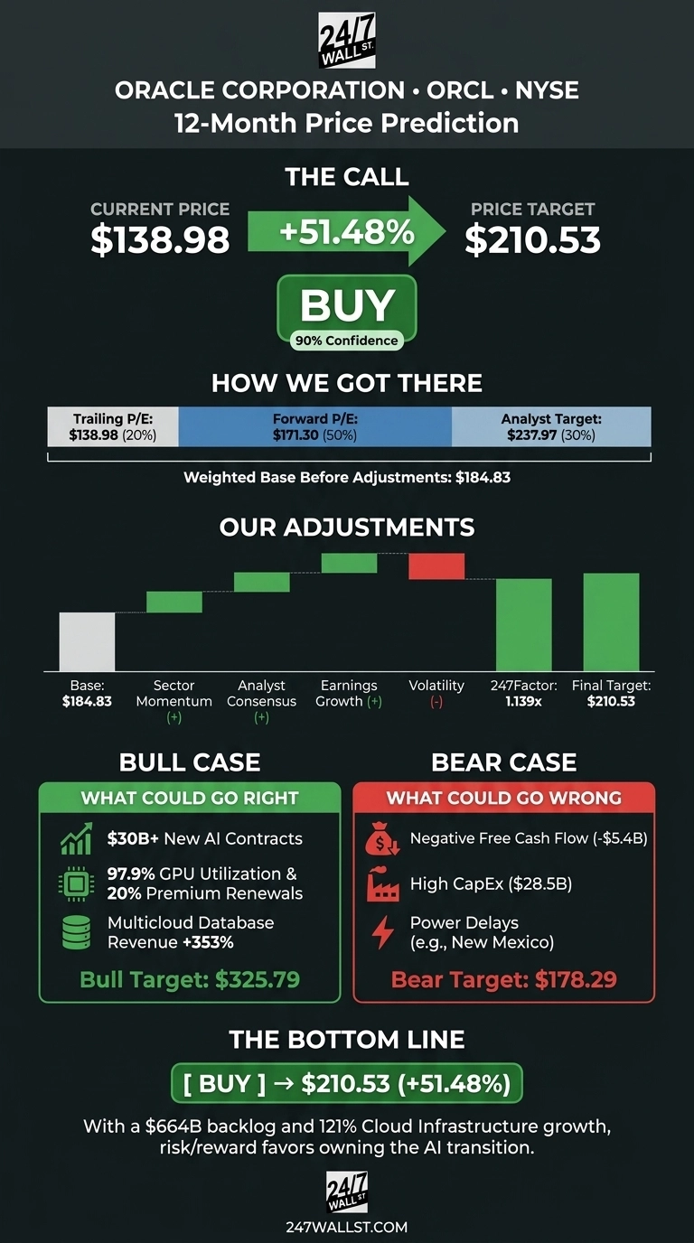 An infographic titled 'Oracle Corporation ORCL NYSE 12-Month Price Prediction' on a dark gray background. It displays the Current Price as $138.98, an arrow indicating +51.48% growth to a Price Target of $210.53, and a BUY recommendation with 90% Confidence. A bar chart illustrates the weighted base from Trailing P/E ($138.98, 20%), Forward P/E ($171.30, 50%), and Analyst Target ($237.97, 30%), leading to a Weighted Base Before Adjustments of $184.83. A waterfall chart shows 'Our Adjustments', starting from a Base of $184.83, with positive adjustments for Sector Momentum, Analyst Consensus, and Earnings Growth, a negative adjustment for Volatility, and a 247Factor of 1.139x leading to a Final Target of $210.53. The 'Bull Case' section lists 'What Could Go Right': $30B+ New AI Contracts, 97.9% GPU Utilization & 20% Premium Renewals, Multicloud Database Revenue +353%, with a Bull Target of $325.79. The 'Bear Case' section lists 'What Could Go Wrong': Negative Free Cash Flow (-$5.4B), High CapEx ($28.5B), Power Delays (e.g., New Mexico), with a Bear Target of $178.29. The bottom line reiterates '[ BUY ] -> $210.53 (+51.48%)' and mentions a $664B backlog and 121% Cloud Infrastructure growth.