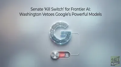 A three-dimensional rendering displays a large, glowing silver Google 'G' logo, intricately designed with a digital circuit pattern, connected by a white wire to a metallic toggle switch. The switch is in the 'OFF' position, illuminated with a red glow, with the word 'OFF' clearly visible. Adjacent to the switch, a red glowing silhouette of the U.S. Capitol building is depicted. The background features a smooth, light grey gradient. The upper portion of the image contains the text: 'Senate 'Kill Switch' for Frontier AI: Washington Vetoes Google's Powerful Models'. A '24/7 WALL ST' logo is in the bottom right corner.