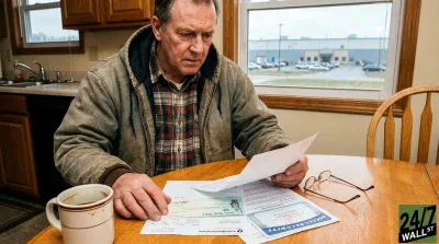 A man with short brown hair and a plaid shirt under a work jacket sits at a light brown wooden kitchen table, looking down intently at several white documents. On the table are a green paycheck, a blue Social Security statement, other papers, a pair of eyeglasses, and a white coffee mug with brown stripes. In the background, a kitchen area with wooden cabinets and a sink is visible on the left, and a large window on the right overlooks an industrial building and a parking lot.