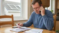 A man with glasses and a blue sweater sits at a wooden table, looking concerned as he speaks on a phone to his right ear and holds a document in his left hand over a stack of papers. A window behind him shows a house roof with light-colored rails.