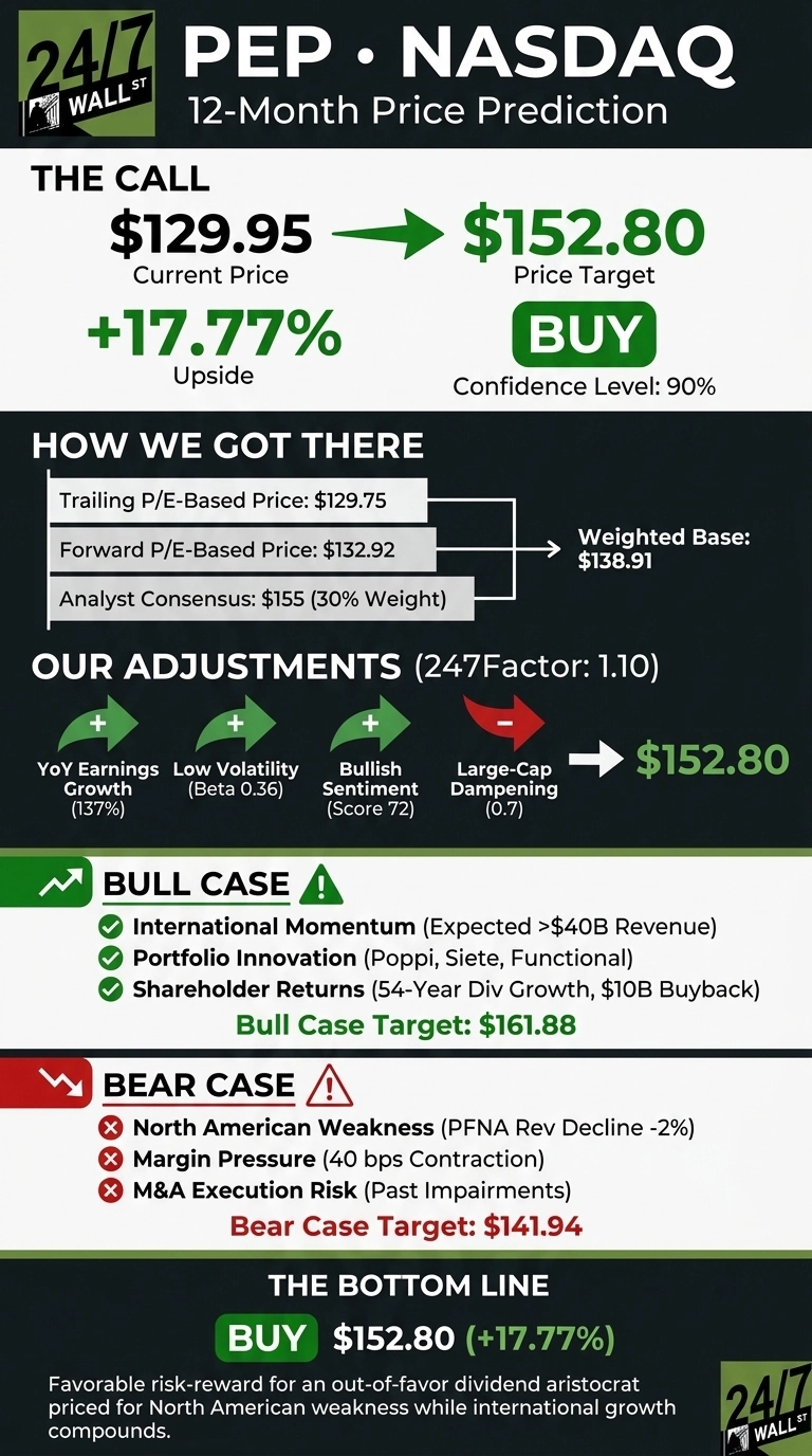 An infographic titled 'PEP NASDAQ 12-Month Price Prediction' by 24/7 Wall St. It shows a current price of $129.95, a price target of $152.80, and an upside of +17.77%, with a 'BUY' recommendation and 90% confidence level. The 'How We Got There' section details a weighted base of $138.91 derived from trailing P/E, forward P/E, and analyst consensus. 'Our Adjustments' list positive factors like YoY Earnings Growth (137%), Low Volatility (Beta 0.36), and Bullish Sentiment (Score 72), alongside a negative factor, Large-Cap Dampening (0.7), leading to the $152.80 target. The 'Bull Case' section highlights International Momentum, Portfolio Innovation, and Shareholder Returns, with a target of $161.88. The 'Bear Case' section lists North American Weakness, Margin Pressure, and M&A Execution Risk, with a target of $141.94. The bottom line reiterates 'BUY $152.80 (+17.77%)'.