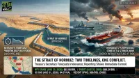 A split image showing two scenarios for the Strait of Hormuz. The left side features a serene desert landscape with large, new pipelines bypassing a calm body of water, captioned 'BESSENT'S FORECAST: "WORTHLESS" IN 2 YEARS. LAND PIPELINES.' An inset map shows an Iranian pipeline network. The right side displays a turbulent sea with multiple warships, a large oil tanker, sea mines, and distant explosions under a stormy sky, with text 'HERSKOVITZ'S REPORTING: CONFLICT & STRIKES NOW. ENERGY INFRASTRUCTURE AT RISK.' A banner at the bottom reads 'THE STRAIT OF HORMUZ: TWO TIMELINES, ONE CONFLICT.' and displays current oil prices.
