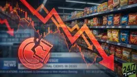 A composite image showing a blurred supermarket aisle filled with packaged food products, overlaid with prominent red financial graphics. A large red stock chart shows a steep downward trend, culminating in a bold red downward-pointing arrow. In the foreground, a glowing red, cracked piggy bank icon with a bag of snacks inside is visible. A blurred financial news ticker is visible at the bottom left, and the '24/7 WALL ST' logo is at the bottom right.
