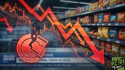 A composite image showing a blurred supermarket aisle filled with packaged food products, overlaid with prominent red financial graphics. A large red stock chart shows a steep downward trend, culminating in a bold red downward-pointing arrow. In the foreground, a glowing red, cracked piggy bank icon with a bag of snacks inside is visible. A blurred financial news ticker is visible at the bottom left, and the '24/7 WALL ST' logo is at the bottom right.