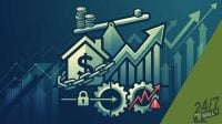 A conceptual graphic of a house with a dollar sign chained to it, surrounded by rising financial charts, gears, and a warning icon.