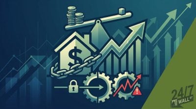 A conceptual graphic of a house with a dollar sign chained to it, surrounded by rising financial charts, gears, and a warning icon.