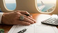 A close-up shot of a man's hand wearing a large silver championship ring with a teal and orange Miami Dolphins logo, holding a black and silver pen. The hand rests on a white document displaying text that compares 'Miami, FL - No State Tax' with 'New Jersey/New York - State Tax Applies'. A silver calculator sits to the right, and two airplane windows in the background reveal a clear blue ocean and sky, with a blurred view of a coastline and an airplane wing.