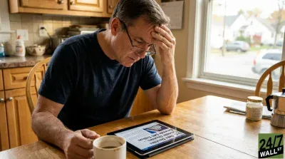 A middle-aged man with glasses, wearing a dark blue t-shirt, sits at a wooden kitchen table, with his hand resting on his forehead, looking distressed. He is focused on a tablet displaying a headline about the 'U.S. Debt Doubles ... Exceeds $40 Trillion.' A white coffee cup is beside the tablet. In the background, a window overlooks a residential street, and wooden kitchen cabinets are visible.