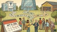 An illustration showing people receiving flows of money from UnitedHealth, BlackRock, and Stanley Black & Decker buildings, with a calendar highlighting September 22, 2026.