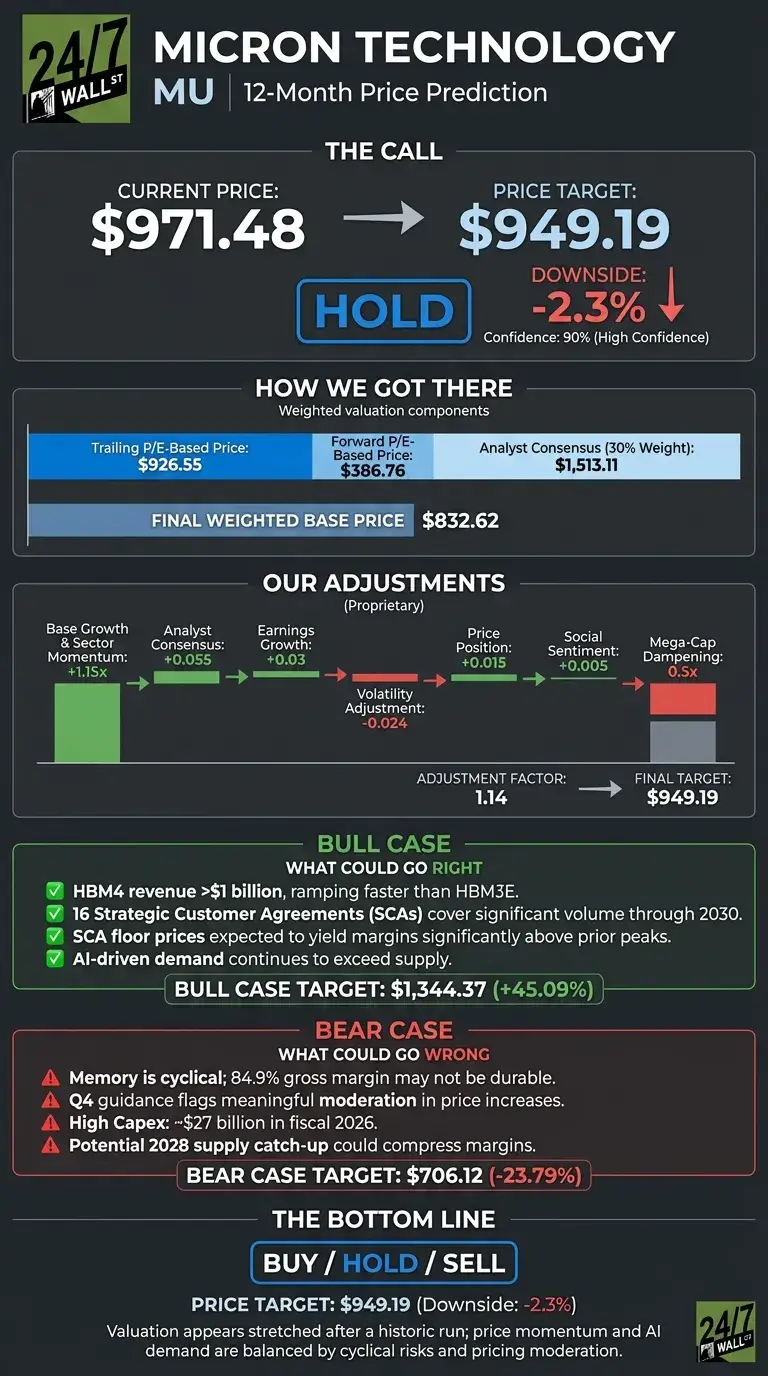 An infographic titled 'Micron Technology MU 12-Month Price Prediction' on a dark background. The top section, 'THE CALL', shows 'CURRENT PRICE: $971.48' with an arrow pointing to 'PRICE TARGET: $949.19'. Below this is a blue button labeled 'HOLD'. A 'DOWNSIDE: -2.3%' is indicated with a red down arrow, and 'Confidence: 90% (High Confidence)' is noted. The 'HOW WE GOT THERE' section, labeled 'Weighted valuation components', lists: 'Trailing P/E-Based Price: $926.55', 'Forward P/E-Based Price: $386.76', and 'Analyst Consensus (30% Weight): $1,513.11'. The 'FINAL WEIGHTED BASE PRICE' is $832.62. The 'OUR ADJUSTMENTS (Proprietary)' section displays a flow of adjustments: 'Base Growth & Sector Momentum: +1.15x' (green bar), 'Analyst Consensus: +0.055', 'Earnings Growth: +0.03', 'Volatility Adjustment: -0.024' (red bar), 'Price Position: +0.015', 'Social Sentiment: +0.005', and 'Mega-Cap Dampening: 0.5x' (red bar). An 'ADJUSTMENT FACTOR: 1.14' leads to a 'FINAL TARGET: $949.19'. The 'BULL CASE' section, 'WHAT COULD GO RIGHT', lists four bullet points: HBM4 revenue >$1 billion, 16 Strategic Customer Agreements (SCAs), SCA floor prices yielding margins, and AI-driven demand. The 'BULL CASE TARGET' is '$1,344.37 (+45.09%)'. The 'BEAR CASE' section, 'WHAT COULD GO WRONG', lists four warning points: Memory is cyclical (84.9% gross margin), Q4 guidance flags moderation, High Capex: ~$27 billion, and potential 2028 supply catch-up. The 'BEAR CASE TARGET' is '$706.12 (-23.79%)'. The 'THE BOTTOM LINE' section shows a 'BUY / HOLD / SELL' button with 'HOLD' highlighted, reiterating 'PRICE TARGET: $949.19 (Downside: -2.3%)' and a concluding statement about valuation, price momentum, and AI demand being balanced by cyclical risks and pricing moderation.