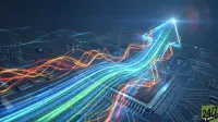 A digital image of a circuit board featuring a prominent microchip. Bright, multi-colored light trails in blue, green, and orange stream across the board, converging into a large, luminous upward-pointing arrow on the right side. Faint digital patterns are visible in the dark background, and a '24/7 WALL ST' logo is in the bottom right.