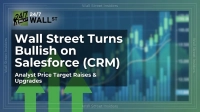 A financial graphic with a dark blue overlay and a blurred background of green and blue stock market charts. The prominent white text reads "Wall Street Turns Bullish on Salesforce (CRM)" and "Analyst Price Target Raises & Upgrades." Three large, bright green arrows point upwards from the bottom of the image, signifying growth. The "24/7 WALL ST" logo is in the top left corner, and "Wall Street Insiders" text runs vertically on the left and right edges.