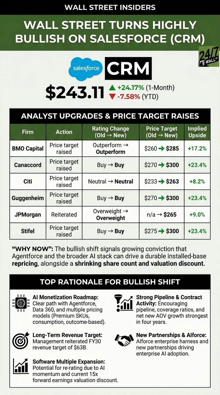 An infographic titled 'Wall Street Turns Highly Bullish on Salesforce (CRM)'. It displays the Salesforce logo and CRM ticker. The stock price is shown as $243.11, with a +24.17% (1-Month) increase and a -7.58% (YTD) decrease. A table lists analyst upgrades and price target raises from BMO Capital, Canaccord, Citi, Guggenheim, JPMorgan, and Stifel, showing their actions, rating changes, old and new price targets, and implied upside percentages. Below the table, a 'WHY NOW' section explains the bullish shift is due to Agentforce and AI. The bottom section, 'TOP RATIONALE FOR BULLISH SHIFT', features six points with icons: AI Monetization Roadmap, Strong Pipeline & Contract Activity, Long-Term Revenue Target ($63B by FY30), New Partnerships & AIforce, and Software Multiple Expansion due to AI momentum.