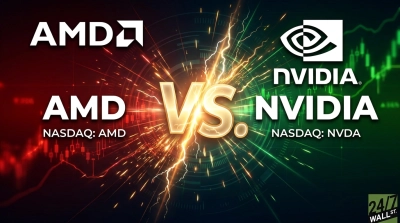 A graphic split down the middle with a glowing "VS." in the center, signifying a competition. The left side is predominantly red, featuring the AMD logo and text "AMD NASDAQ: AMD" over a background of red stock market charts and glowing abstract elements. The right side is predominantly green, featuring the NVIDIA logo and text "NVIDIA NASDAQ: NVDA" over a background of green stock market charts and similar glowing effects. The image visually represents a head-to-head comparison between the two technology companies. A small "24/7 WALL ST." logo is in the bottom right corner.