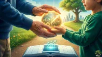 An older person's hands are placed protectively over a child's hands, which hold a glowing golden orb. Inside the orb are glowing icons representing global connection, bar charts, and a growing tree, with a large arrow pointing upwards. The scene takes place outdoors on a dirt path with green grass and trees, and a city skyline in the background. In the foreground, an open book with blank pages holds a glowing silver tablet displaying blue illuminated upward-pointing arrows and a graph.