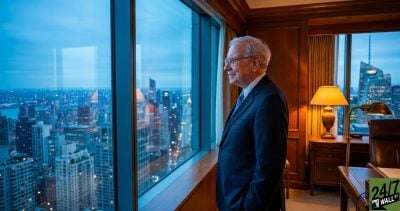 Seeing a legendary figure like Warren Buffett in a reflective, 'emeritus' state creates an emotional hook. The contrast between the corporate interior and the vast city skyline emphasizes the scale of the empire he is transitioning.
