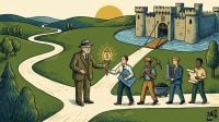A colorful illustration of Warren Buffett handing a glowing dollar sign torch to a line of diverse professionals walking toward a fortified castle labeled with a B.