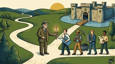 A colorful illustration of Warren Buffett handing a glowing dollar sign torch to a line of diverse professionals walking toward a fortified castle labeled with a B.