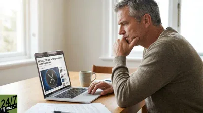 A side profile of a middle-aged man with gray hair, wearing a brown long-sleeved shirt, sitting at a wooden table with his hand on his chin, looking intently at a silver laptop. The laptop screen displays a news article featuring the XRP cryptocurrency logo and a headline about SEC and CFTC rules. A light brown coffee mug and documents are on the table next to the laptop. The background shows a bright window.