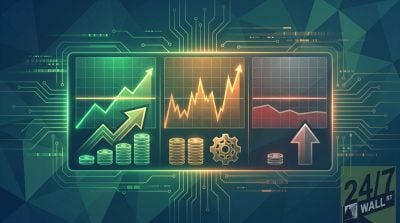 Futuristic financial interface showing ascending and descending line graphs with stacks of currency coins.