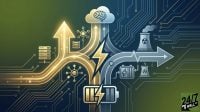 A stylized graphic showing two paths on a digital circuit board: one gold path leading to an AI cloud and one blue path leading to industrial energy icons.