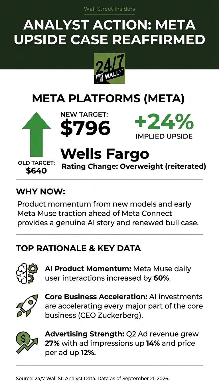 An infographic titled 'Analyst Action: Meta Upside Case Reaffirmed' from Wall Street Insiders. It features a large green upward arrow alongside text detailing Wells Fargo's analyst rating for Meta Platforms (META). The new target price is $796, up from an old target of $640, with a +24% implied upside. Wells Fargo reiterated an 'Overweight' rating. The infographic lists 'Why Now:' with reasons like product momentum from new models, Meta Muse traction ahead of Meta Connect, and a genuine AI story with a renewed bull case. 'Top Rationale & Key Data' includes three points with icons: AI Product Momentum (brain icon) showing Meta Muse daily user interactions increased by 60%; Core Business Acceleration (rocket icon) highlighting that AI investments are accelerating every major part of the core business; and Advertising Strength (dollar sign arrow icon) noting Q2 ad revenue grew 27% with ad impressions up 14% and price per ad up 12%. The source is 24/7 Wall St. Analyst Data, dated September 21, 2026.