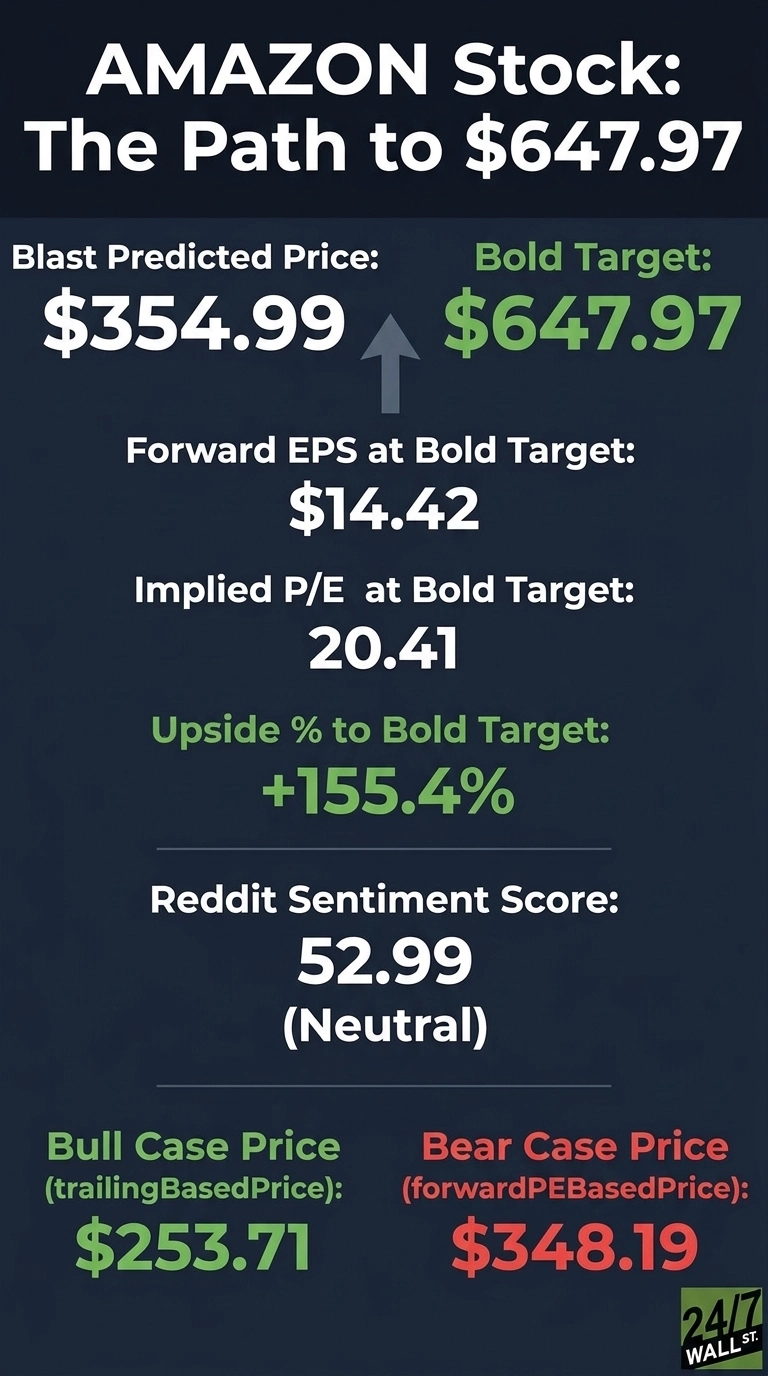 An infographic titled 'AMAZON Stock: The Path to $647.97' with white text on a dark blue background. It displays a Blast Predicted Price of $354.99 and a green Bold Target of $647.97, indicating an upward trend with a grey arrow. Further details include Forward EPS at Bold Target of $14.42, Implied P/E at Bold Target of 20.41, and a green Upside % to Bold Target of +155.4%. A Reddit Sentiment Score of 52.99 (Neutral) is also listed. At the bottom, a green Bull Case Price (trailingBasedPrice) is $253.71, and a red Bear Case Price (forwardPEBasedPrice) is $348.19. The '24/7 WALL ST.' logo is visible in the bottom right.