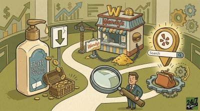 A conceptual illustration of a businessman using a magnifying glass to inspect Bath & Body Works, Wendy's, and Yelp as potential financial takeover targets.