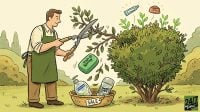 Illustration of a gardener trimming a bush, with Softsoap, Irish Spring, and Speed Stick products falling into a basket marked 'SALE'.